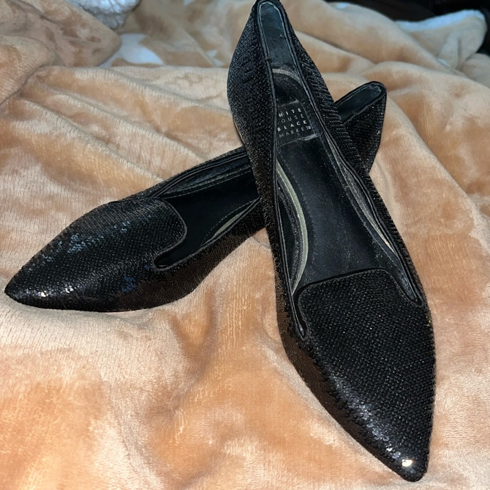 Black Sequined, Pointed Toe Flats - image 1